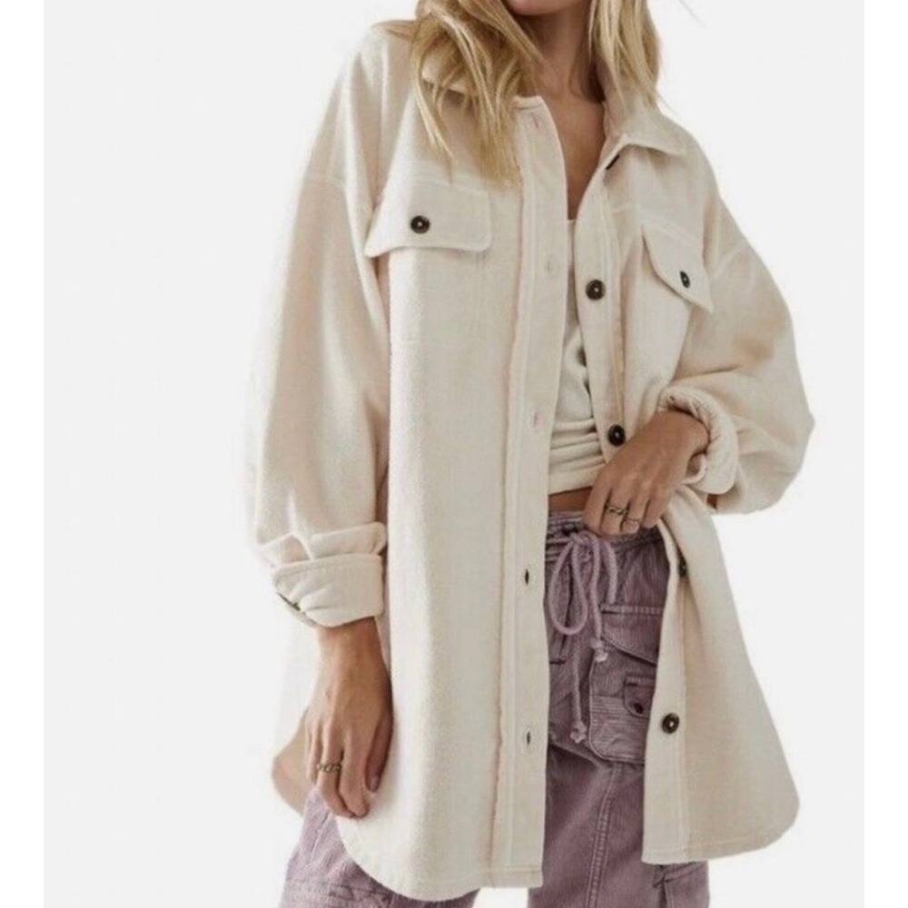 Free People Ruby Oversized Shirt Jacket relaxed slouchy fit button-front ivory M